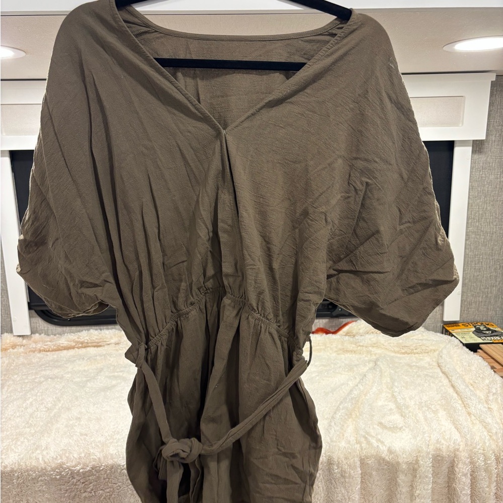 Brown V-Neck Dress with Belt